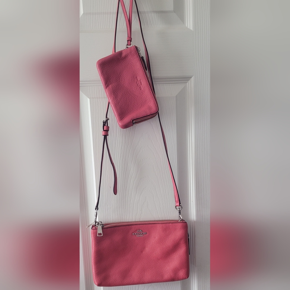 Coach Pink Leather Crossbody Purse With Matching Wristlet
